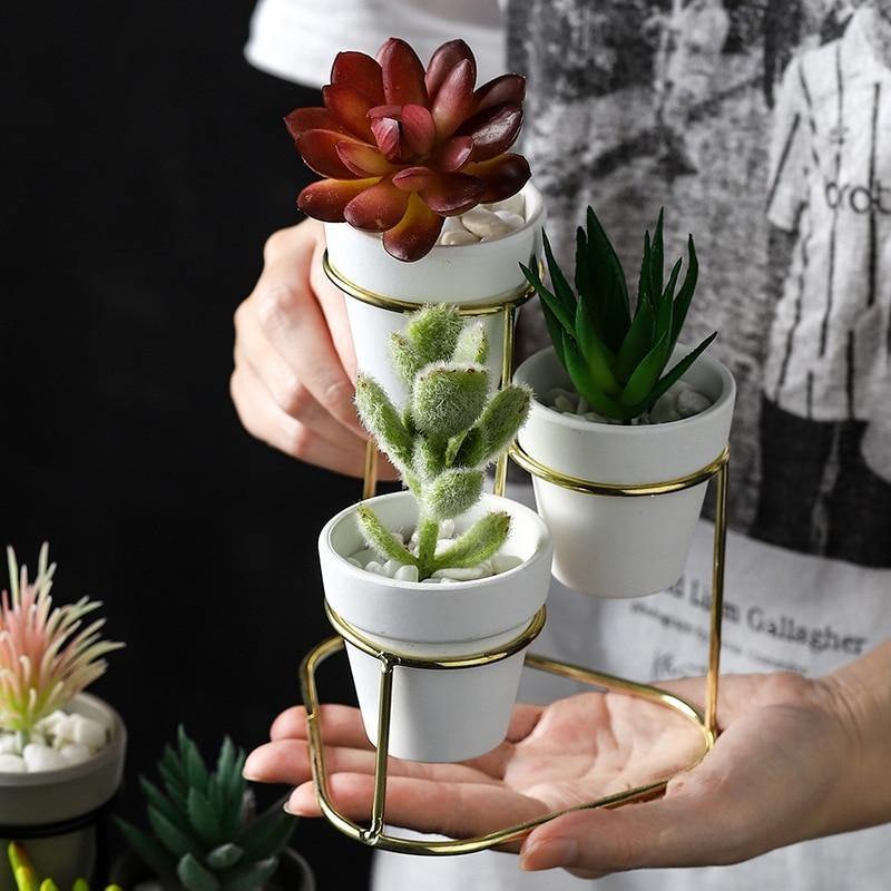 Floroux Céramique Multi-Pot avec support en métal | Design moderne | Rangement élégant pour les plantes
