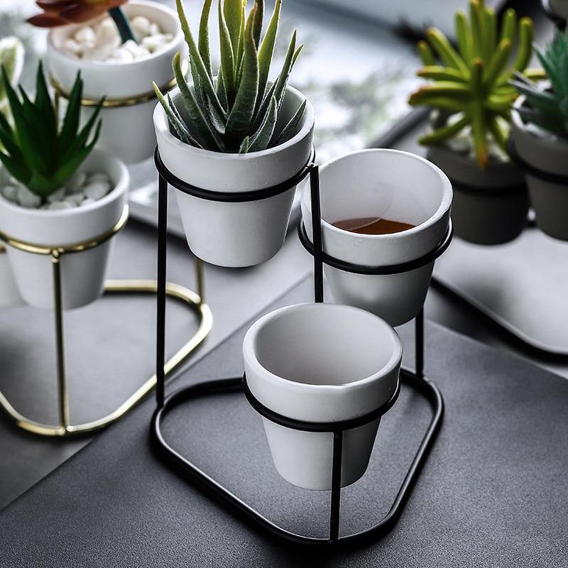 Floroux Céramique Multi-Pot avec support en métal | Design moderne | Rangement élégant pour les plantes
