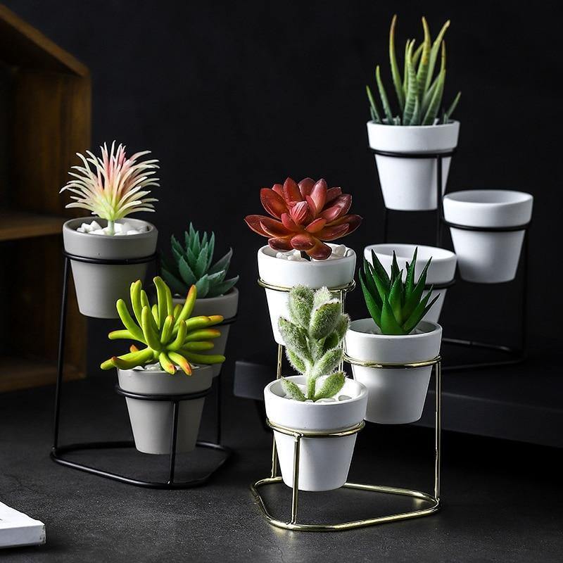 Floroux Céramique Multi-Pot avec support en métal | Design moderne | Rangement élégant pour les plantes