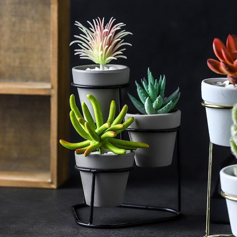 Floroux Céramique Multi-Pot avec support en métal | Design moderne | Rangement élégant pour les plantes
