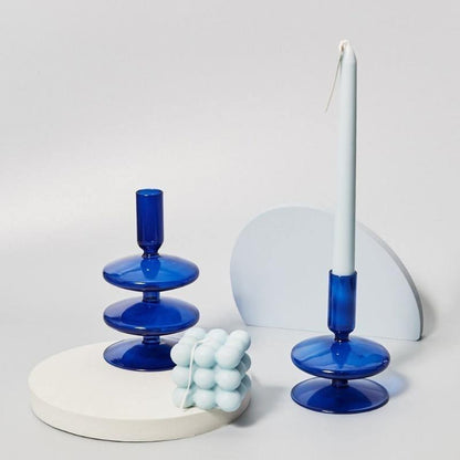 Floroux Glass Candle Holder | Elegant Design | Blue Table Candle Holder