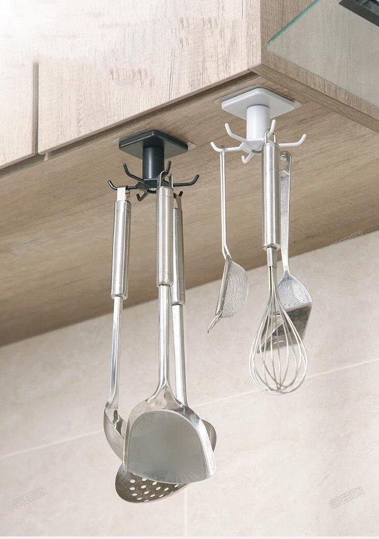 Floroux Rotating Kitchen Utensil Holder | 6 Hook Organizer | Space Saving Under Cabinet Storage
