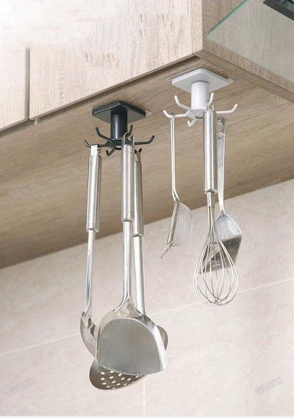 Floroux Rotating Kitchen Utensil Holder | 6 Hook Organizer | Space Saving Under Cabinet Storage