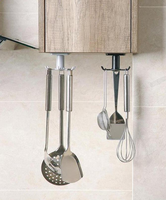 Floroux Rotating Kitchen Utensil Holder | 6 Hook Organizer | Space Saving Under Cabinet Storage