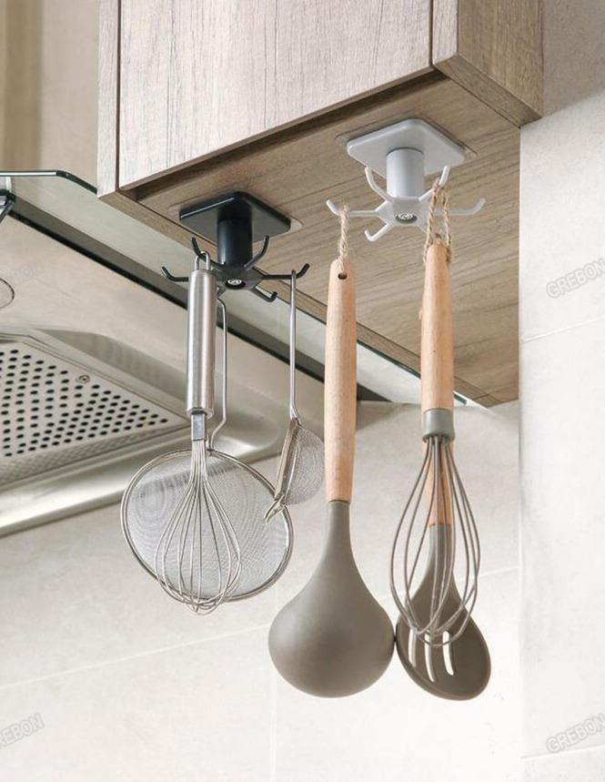 Floroux Rotating Kitchen Utensil Holder | 6 Hook Organizer | Space Saving Under Cabinet Storage