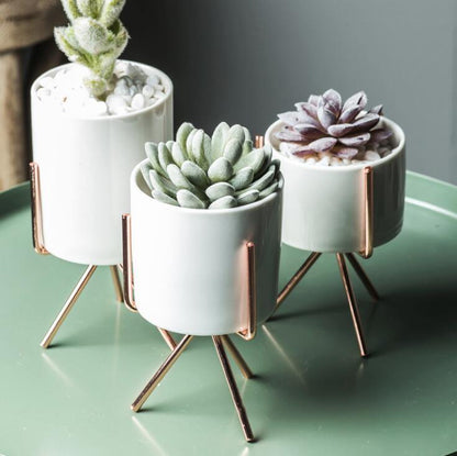 Compact ceramic plant pot Floroux with geometric metal stand | Modern design | Table decoration for the home