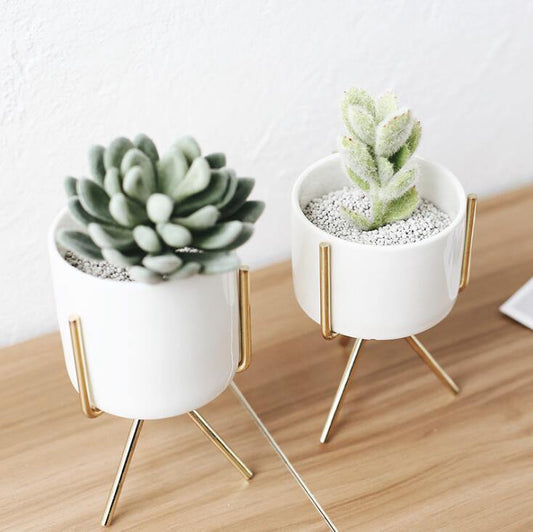 Compact ceramic plant pot Floroux with geometric metal stand | Modern design | Table decoration for the home