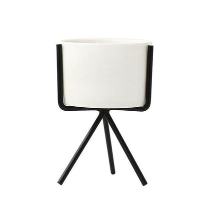 Compact ceramic plant pot Floroux with geometric metal stand | Modern design | Table decoration for the home