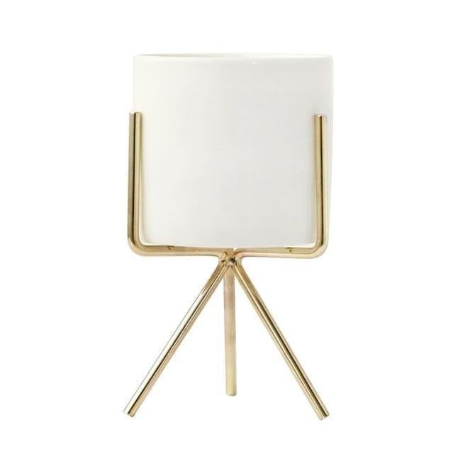 Compact ceramic plant pot Floroux with geometric metal stand | Modern design | Table decoration for the home