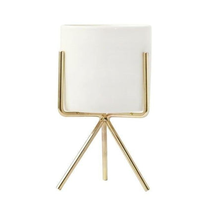 Compact ceramic plant pot Floroux with geometric metal stand | Modern design | Table decoration for the home