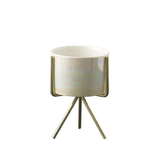Compact ceramic plant pot Floroux with geometric metal stand | Modern design | Table decoration for the home