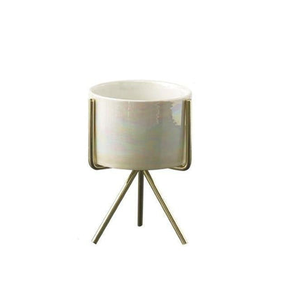 Compact ceramic plant pot Floroux with geometric metal stand | Modern design | Table decoration for the home