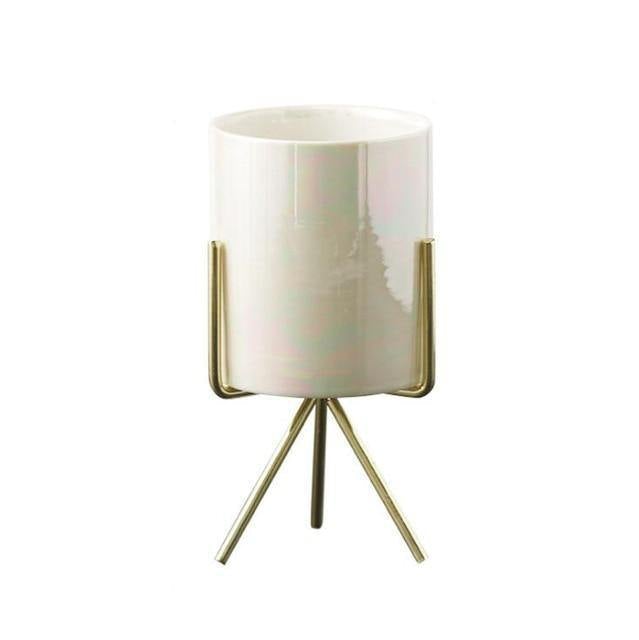 Compact ceramic plant pot Floroux with geometric metal stand | Modern design | Table decoration for the home