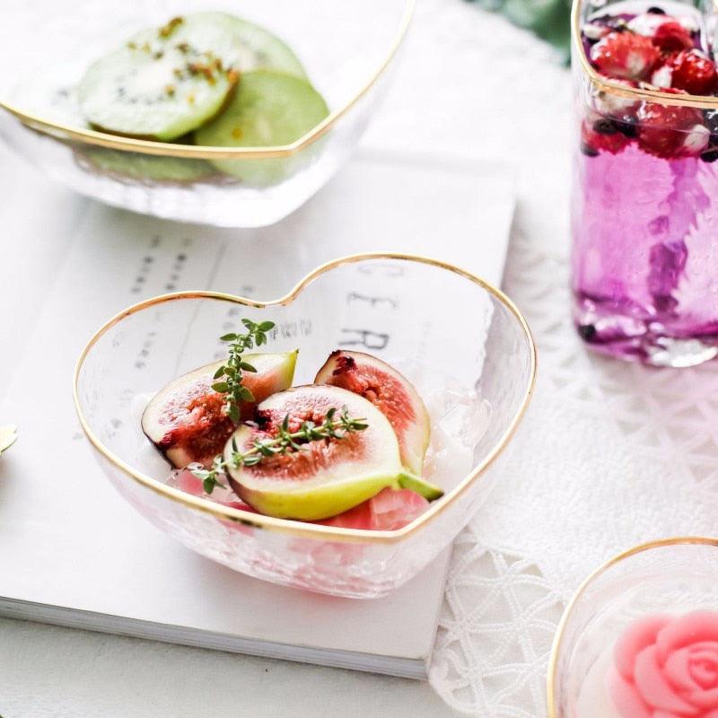 Floroux Glassware Set | Heart-Shaped Bowl and Drinking Glass | Gold-Rimmed Design | Elegant Table Decor