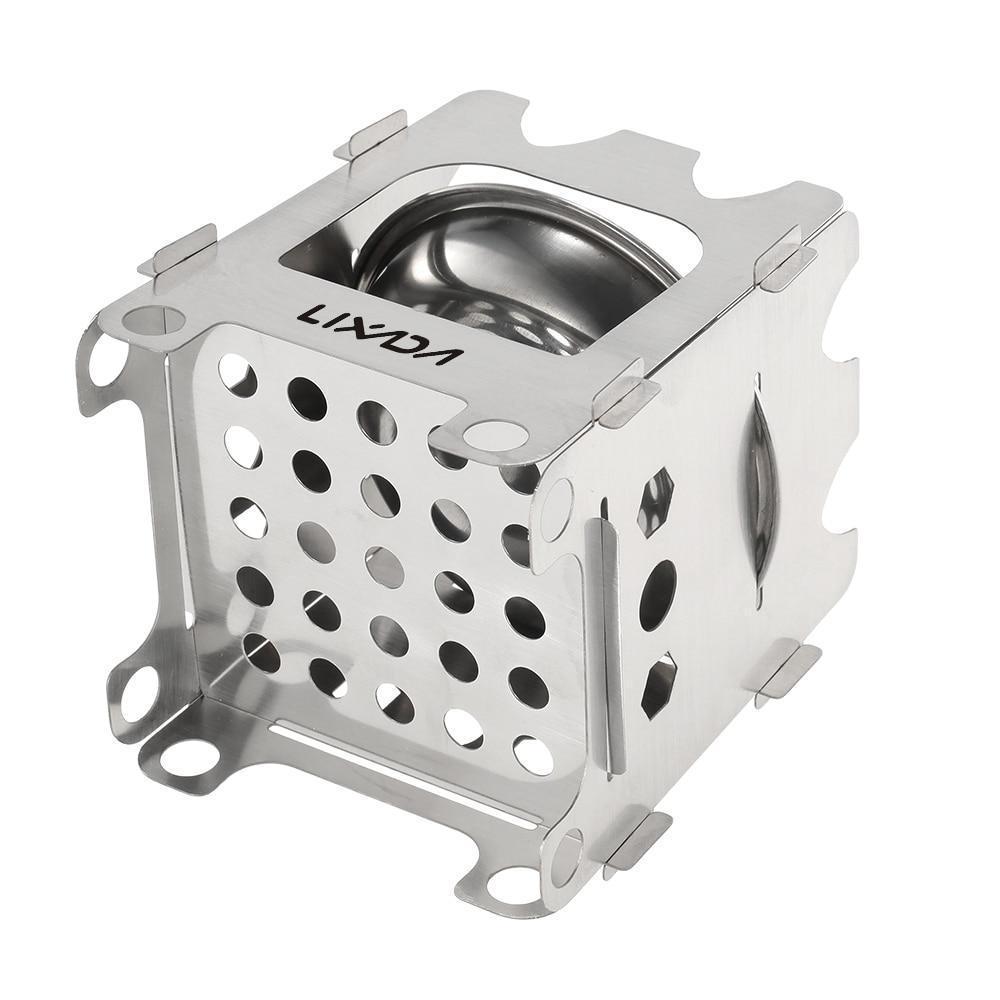 Poêle de camping Pocket Rocket pliant en bois avec plateau à alcool en acier inoxydable