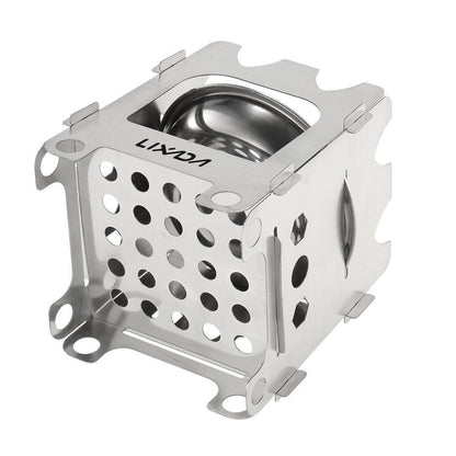 Poêle de camping Pocket Rocket pliant en bois avec plateau à alcool en acier inoxydable
