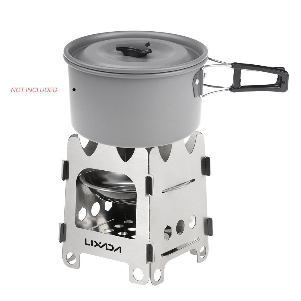 Poêle de camping Pocket Rocket pliant en bois avec plateau à alcool en acier inoxydable