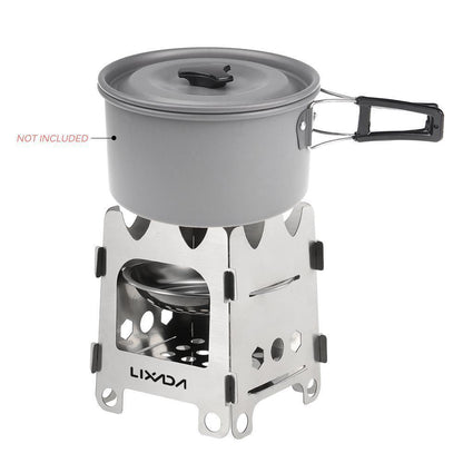 Poêle de camping Pocket Rocket pliant en bois avec plateau à alcool en acier inoxydable