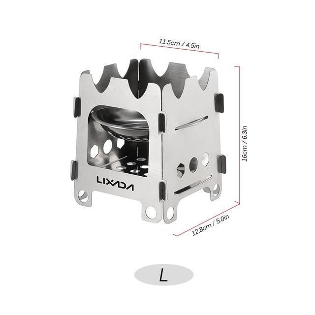 Poêle de camping Pocket Rocket pliant en bois avec plateau à alcool en acier inoxydable