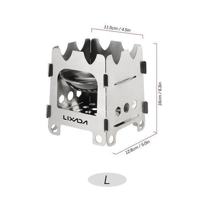Poêle de camping Pocket Rocket pliant en bois avec plateau à alcool en acier inoxydable