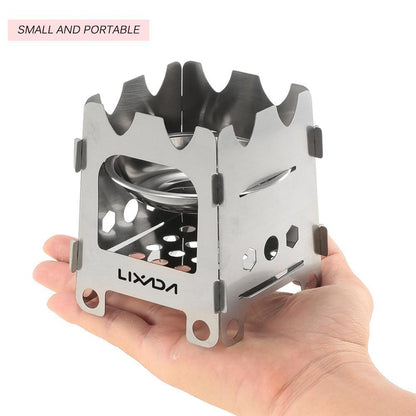Poêle de camping Pocket Rocket pliant en bois avec plateau à alcool en acier inoxydable