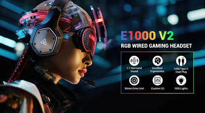 EKSA E1000 V2 RGB Casque de Jeu Filaires - TWS Réduction de Bruit HiFi Stéréo Surround 7.1 Casque Dynamique
