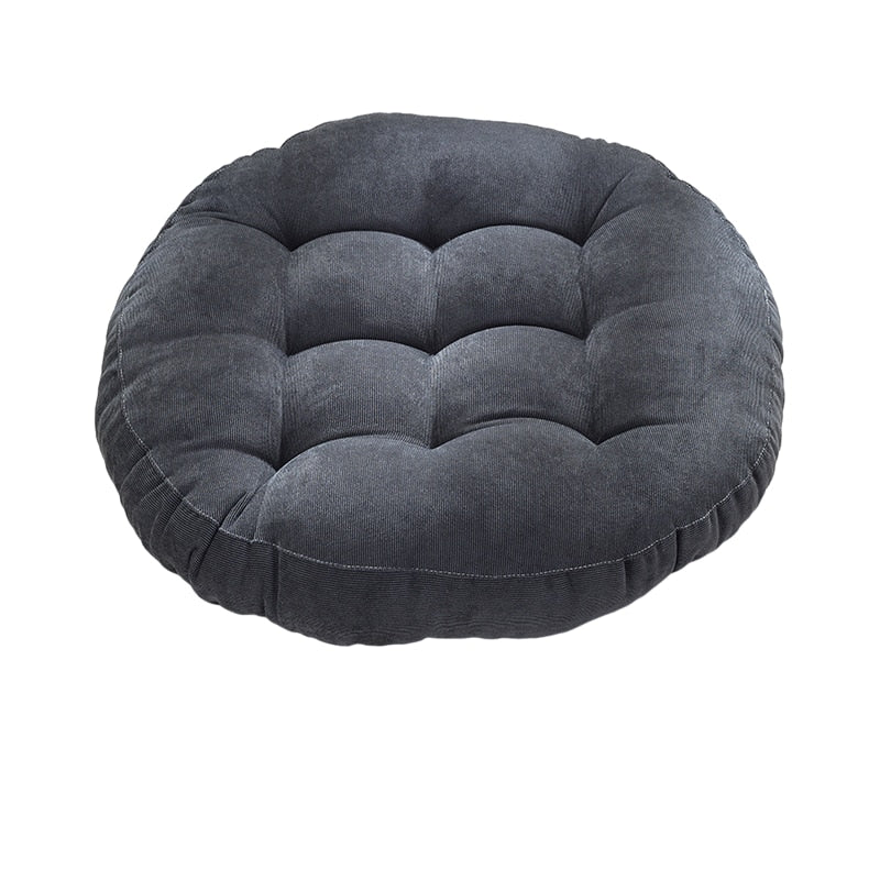 Coussin rond, épais, en velours côtelé tufté