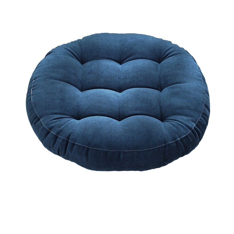 Coussin rond, épais, en velours côtelé tufté