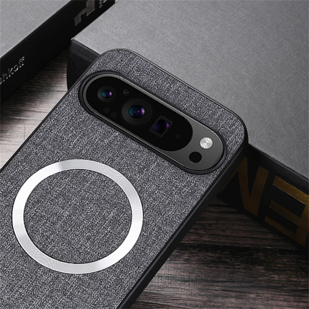 Coque texturée de charge sans fil Magsafe de luxe pour Google Pixel 9 Pro Fold 2 6A 7A 8A 7 8 Pro design en lin protection antichoc arrière