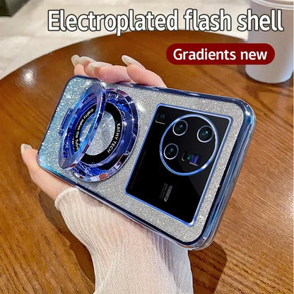 Coque en glitter avec finition MagSafe de luxe et support à anneau pour VIVO X80 Pro Charge sans fil magnétique Coque TPU