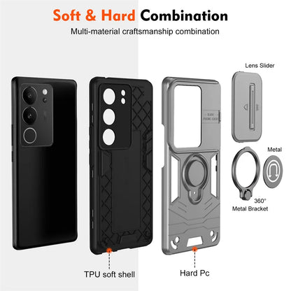 Coque de luxe en armure avec support de bague magnétique pour VIVO Y35 V30 V29 S17 Protection anti-chute, couverture de voiture à lentille coulissante