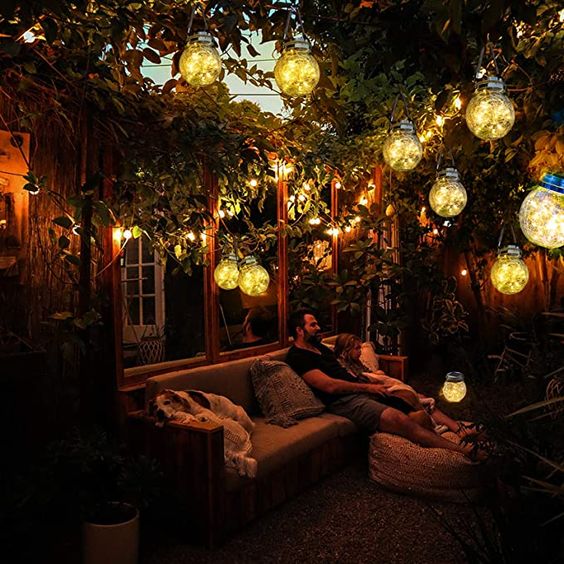 Floroux Solar Lantern en verre | Lampe à boule LED avec corde en chanvre | Lampe suspendue étanche pour jardin et terrasse