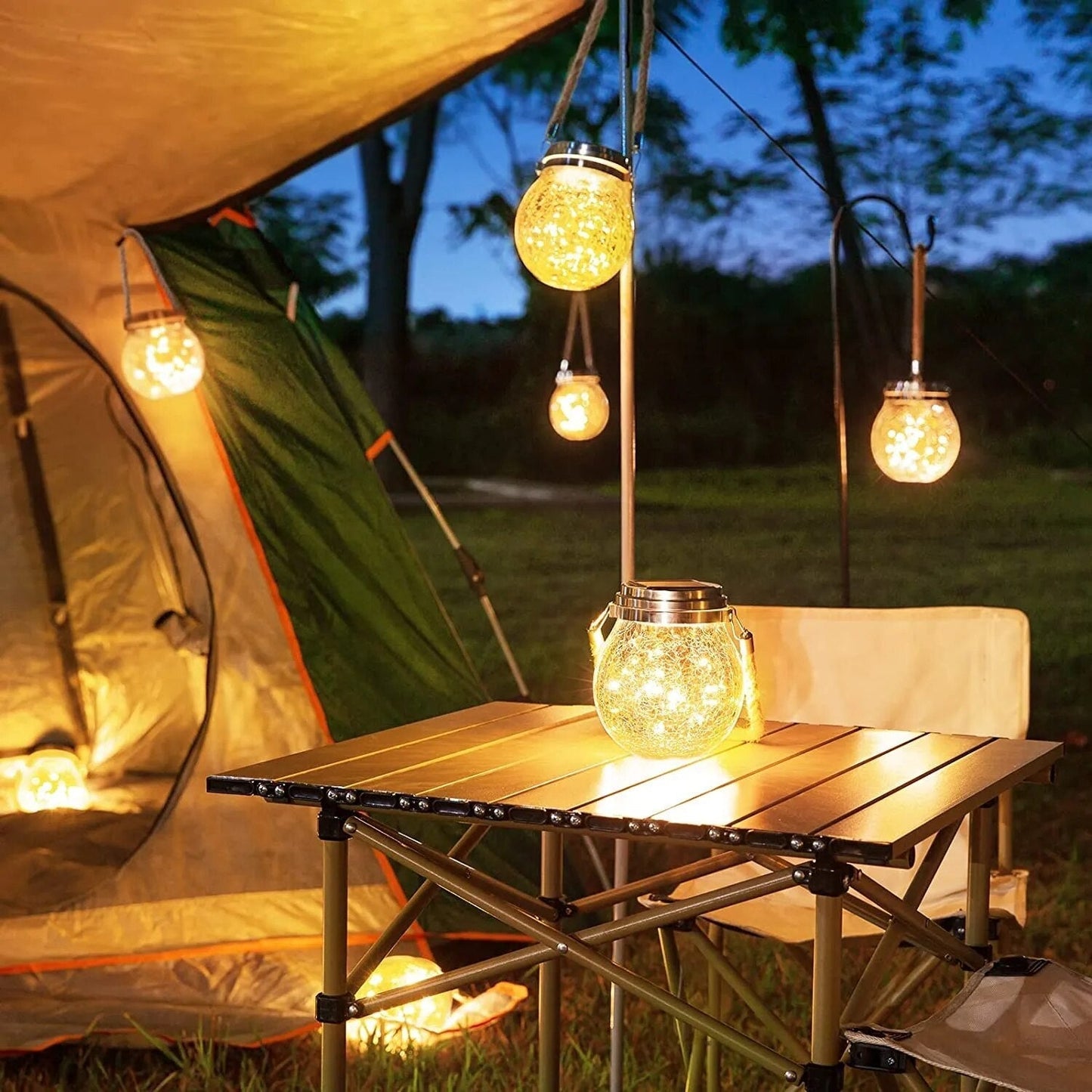 Floroux Solar Lantern en verre | Lampe à boule LED avec corde en chanvre | Lampe suspendue étanche pour jardin et terrasse