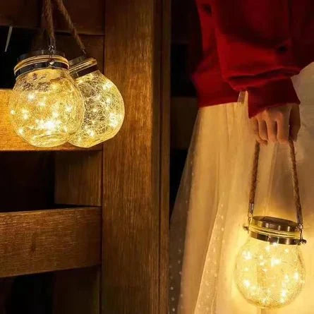 Floroux Solar Lantern en verre | Lampe à boule LED avec corde en chanvre | Lampe suspendue étanche pour jardin et terrasse