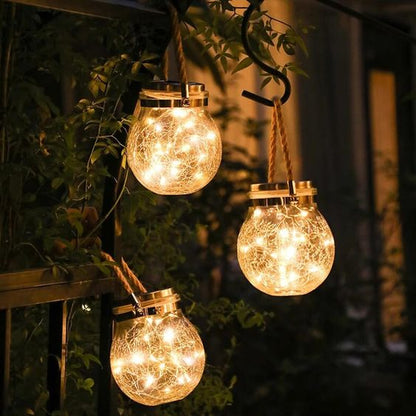 Floroux Solar Lantern en verre | Lampe à boule LED avec corde en chanvre | Lampe suspendue étanche pour jardin et terrasse