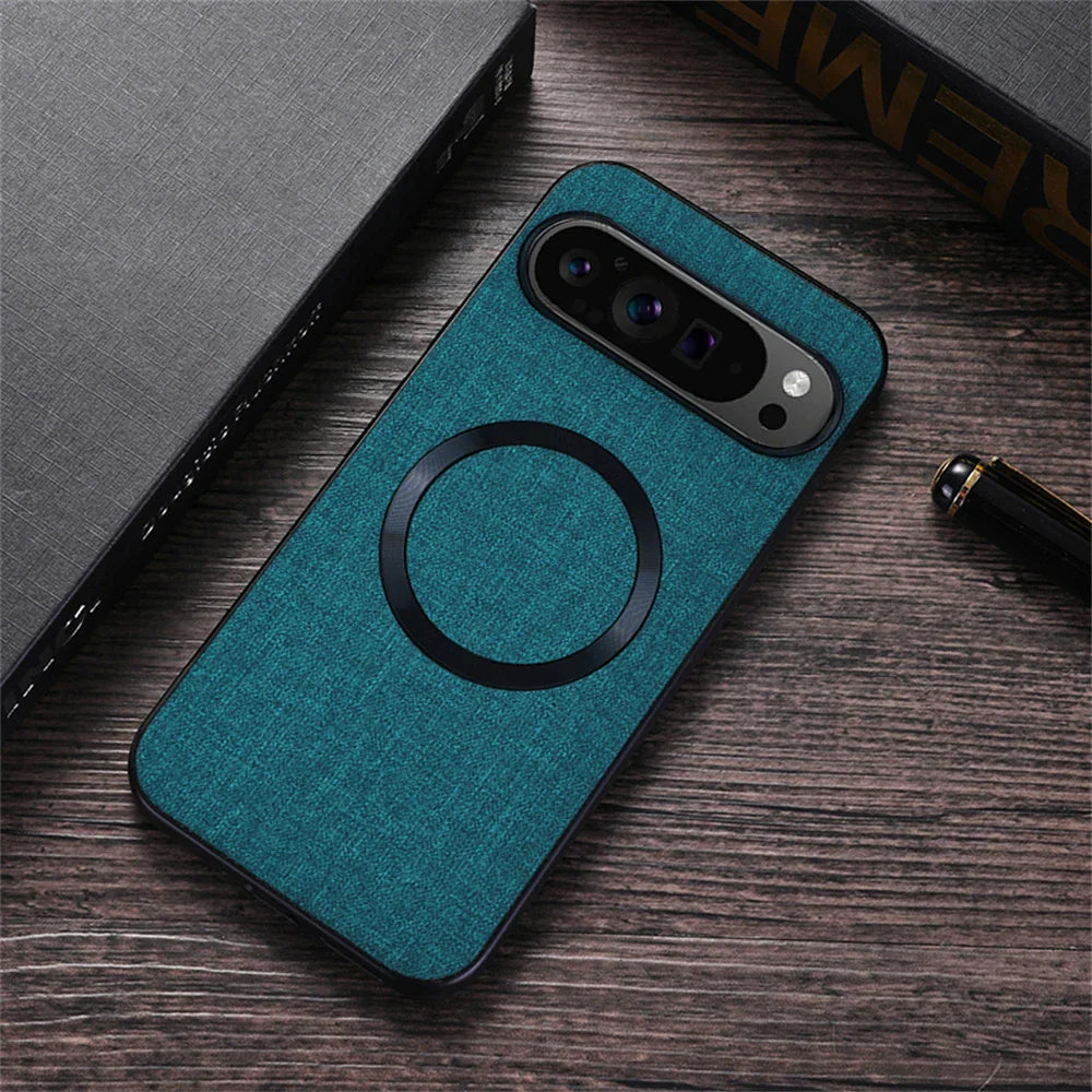 Coque texturée de charge sans fil Magsafe de luxe pour Google Pixel 9 Pro Fold 2 6A 7A 8A 7 8 Pro design en lin protection antichoc arrière