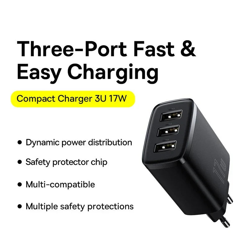 Baseus 17W 3-Port Chargeur Rapide - Prise USB A Power Delivery PD pour Téléphone
