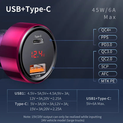 Baseus 45W 2-Port Charge Rapide Prise de Voiture - USB A / Type C Alimentation Livraison PD Chargeur de Téléphone Plug