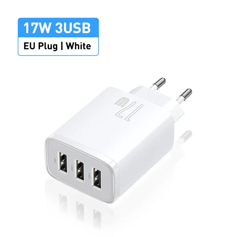 Baseus 17W 3-Port Chargeur Rapide - Prise USB A Power Delivery PD pour Téléphone