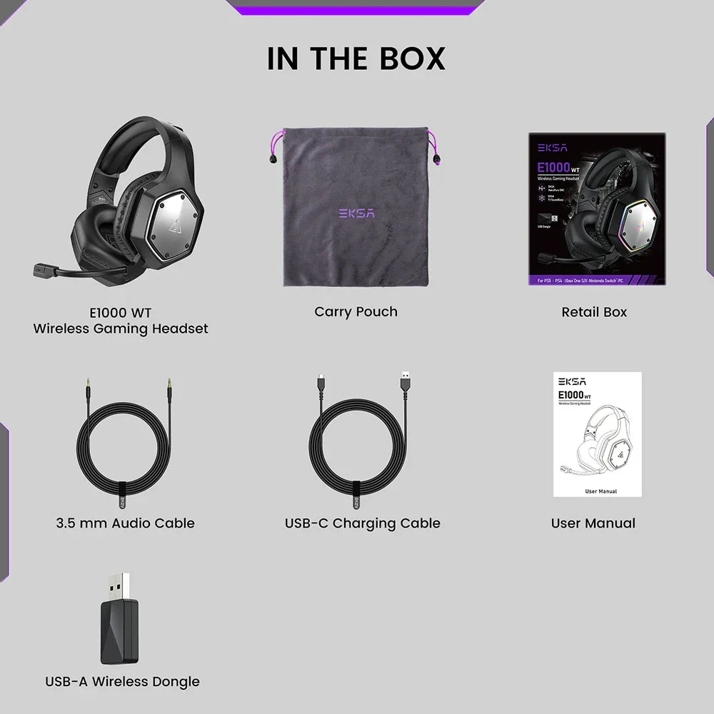 EKSA E1000 Casque de jeu sans fil Bluetooth avec microphone - TWS réduction de noise HiFi stéréo surround 7.1 casque dynamique