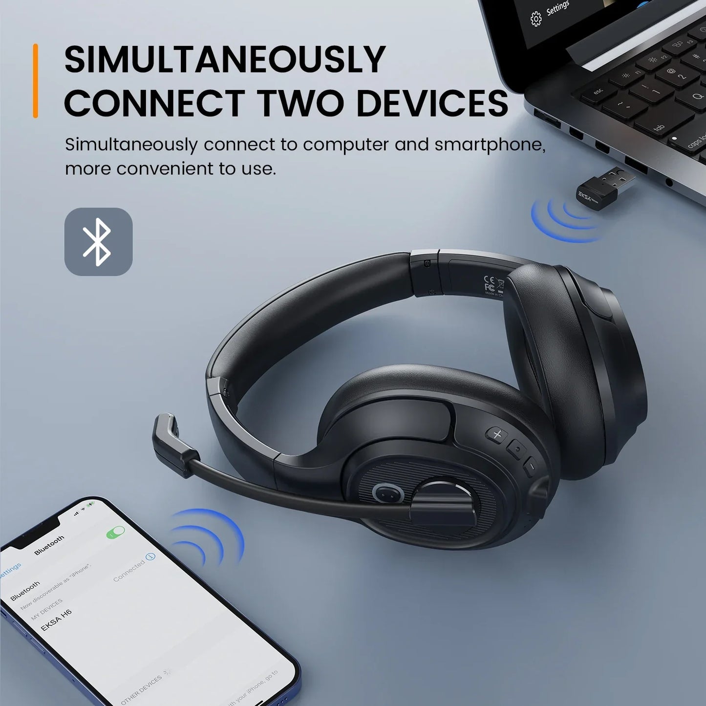 EKSA H6 Casque de jeu Bluetooth sans fil avec microphone - TWS Réduction de bruit HiFi Stéréo Casque dynamique